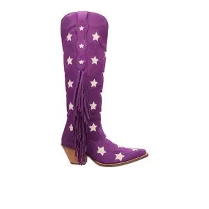 Dingo Womens Super Star Fringe Tooled-Inlay Snip Toe Pull On Casual Boots Over the Knee Mid Heel 2-3" - Purple