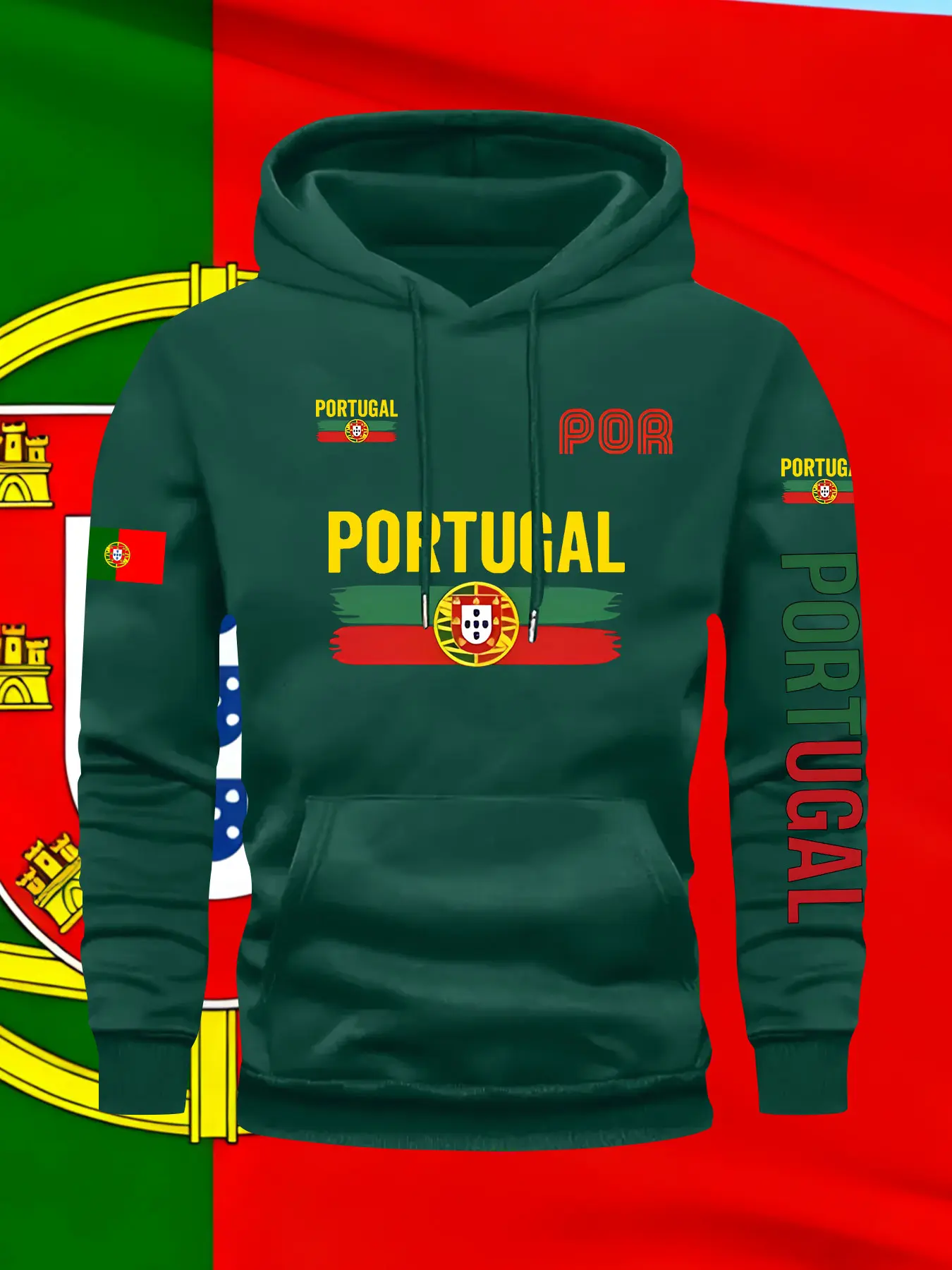 Men's Fall Winter Trendy Portugal Flag Print Hoodie, Casual Fitted Pullover, Drawstring Pocket Design, Sports Style Jacket