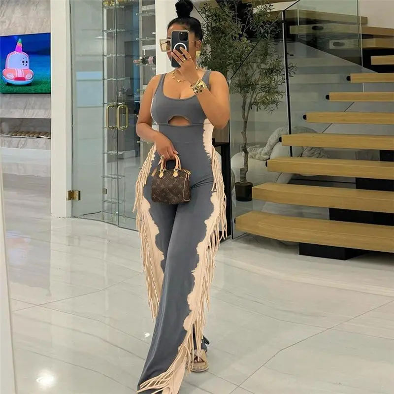 women's fashion color-block personality tassel casual leggings jumpsuit Overalls Womenswear boho fashion casual jumpsuit Slim Sleeveless Spaghetti Strap