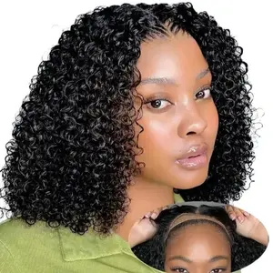 Black Women's 4x4 HD Pre-Plucked Water Wave BOB Human Hair Wig, Curly Frontal Glueless Wear-And-Go Wet Wavy Hair Extension, Curly Hair, Glueless Wigs