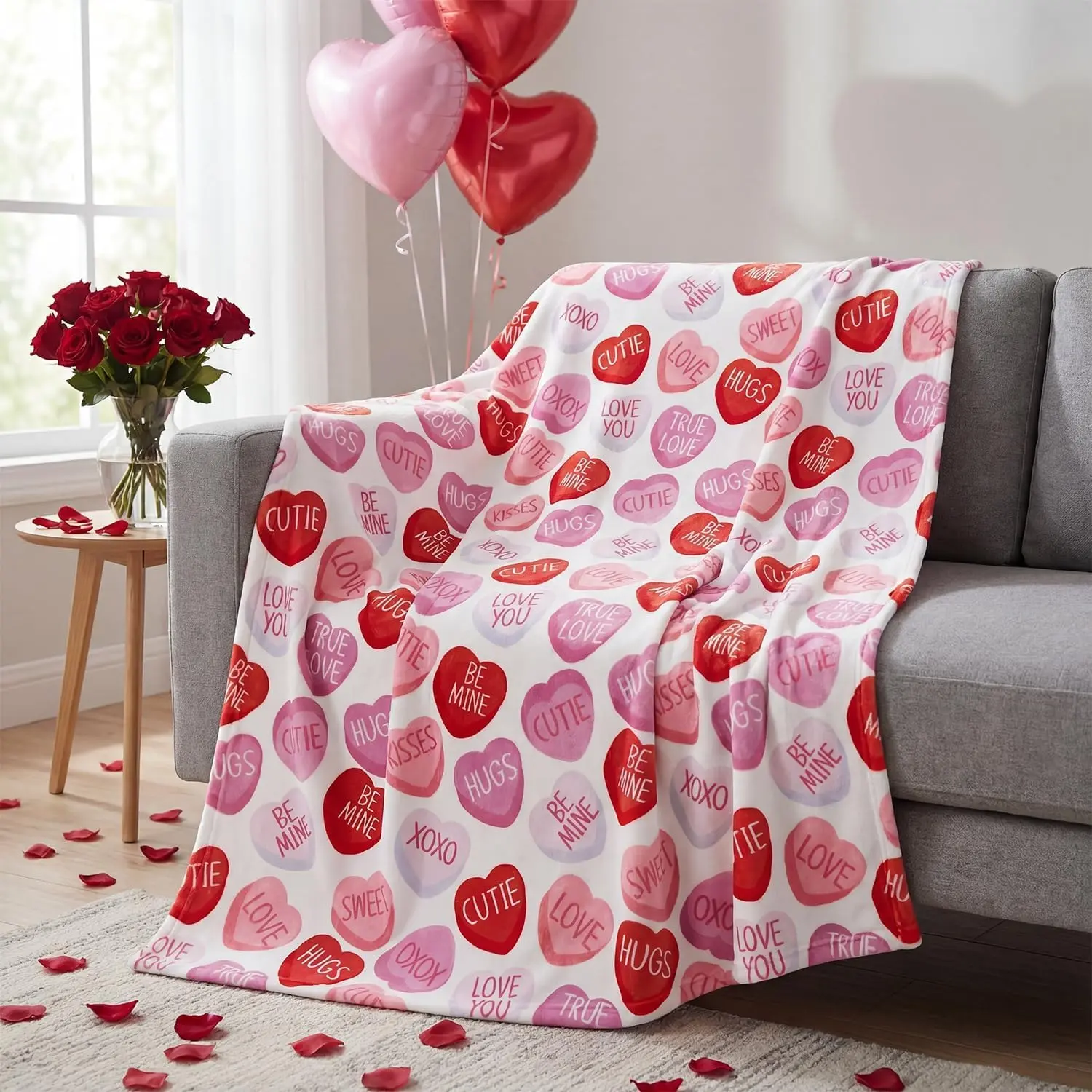 Valentine Flannel Throw - Pink Hearts with Words, Fuzzy Softness, Wrinkle Resistant, 50x60in, Heartwarming Blanket Gift, Decorative Giftable Blankets, Great for Sofa, Bed, or Cuddle Time, Soft Plush Fleece, Living Room Decor for Adults