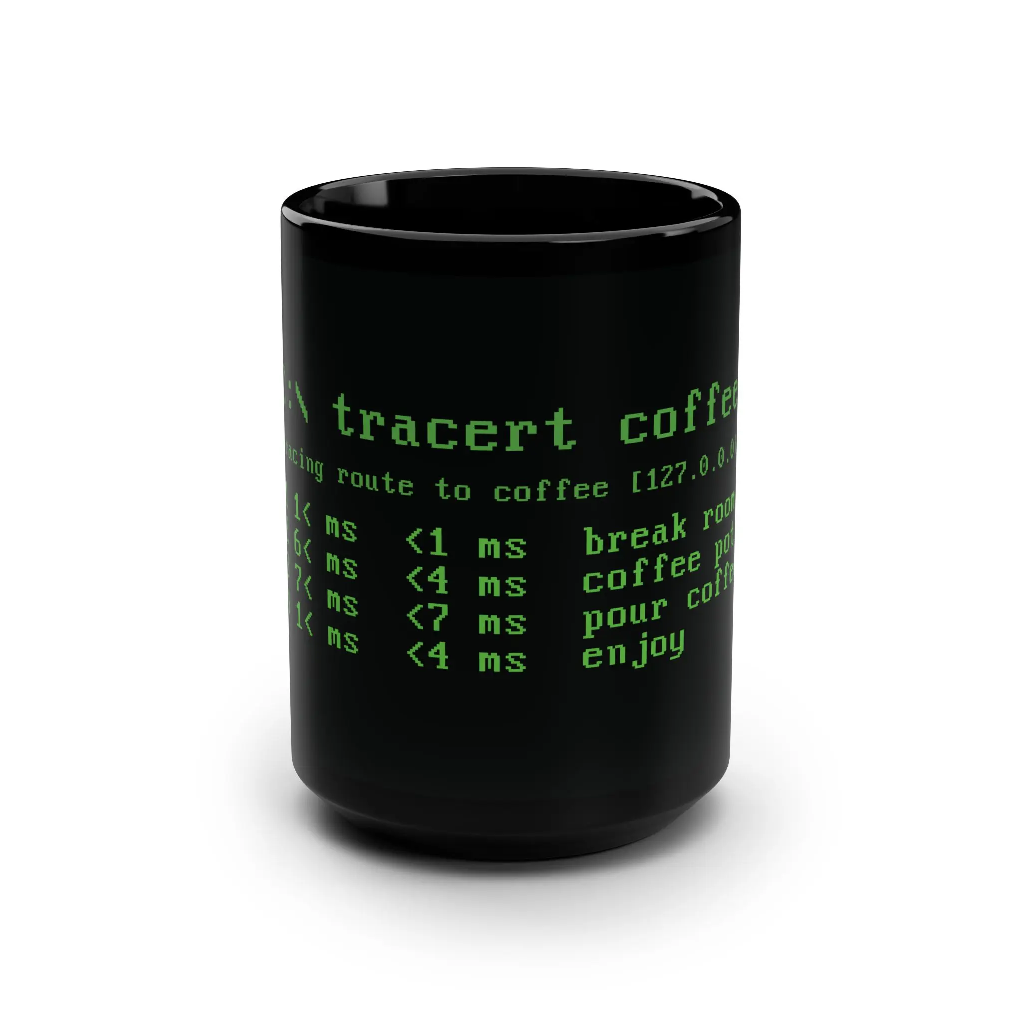 Traceroute Programmer Coffee Mug, Black 15oz Glossy Ceramic Mug for Code Enthusiasts