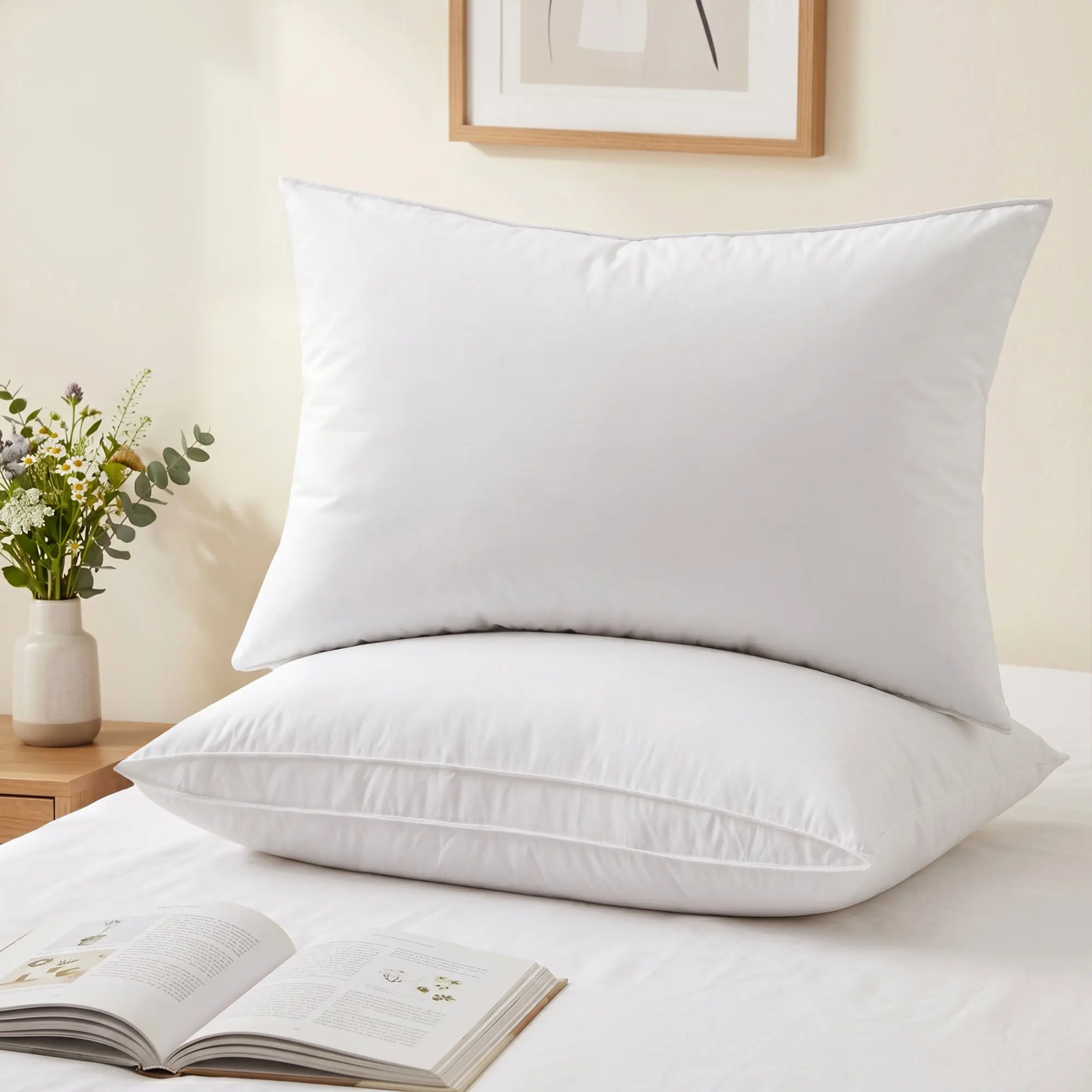 PEACE NEST Luxury Grey Goose Feather Gusseted Pillows (Set of 2) - 100% Cotton, Skin-Friendly, Breathable Cover, Medium Firm Support, Enhanced Neck and Shoulder Support Hotel Bedding for Side Sleepers