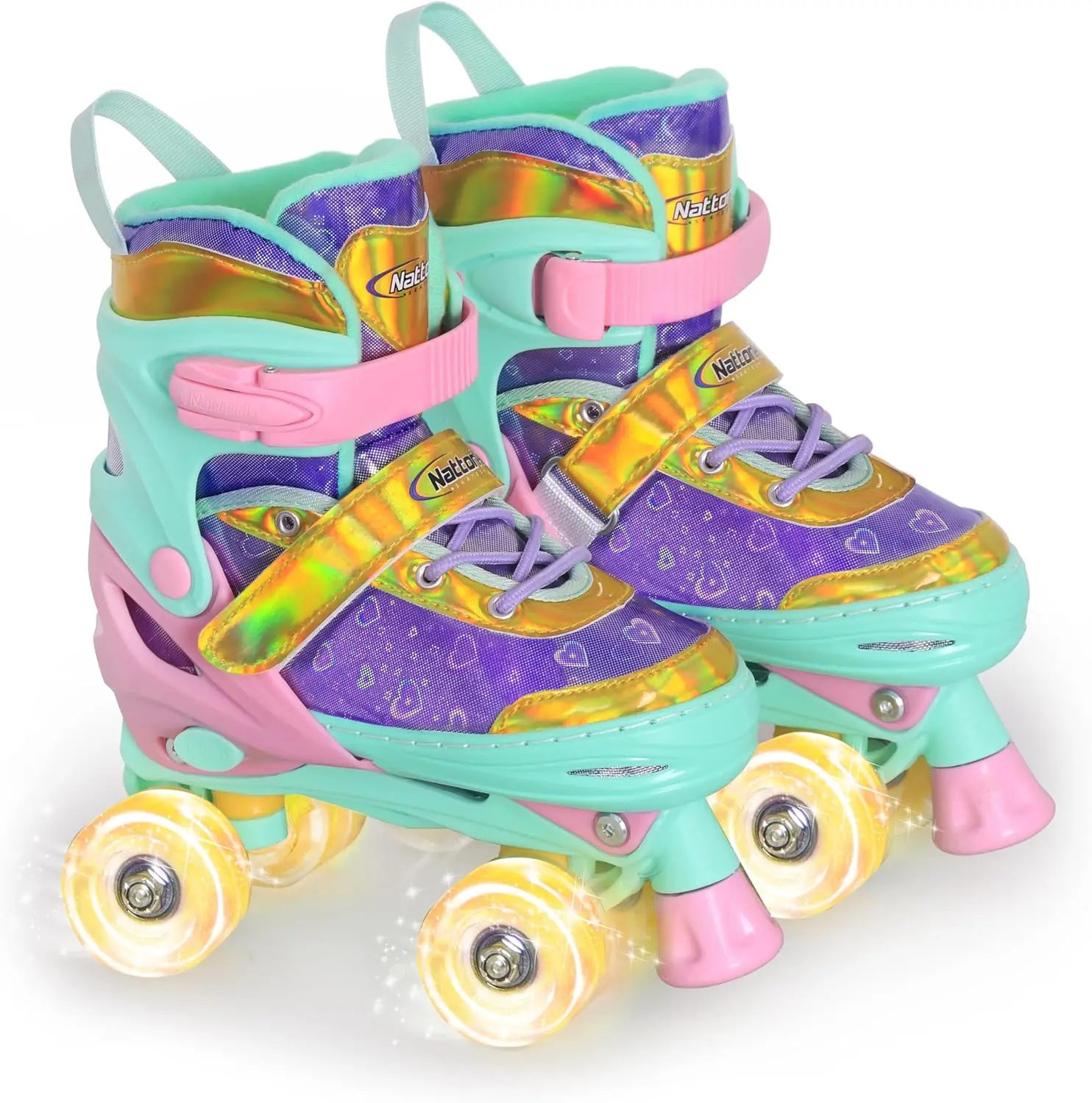 Girls' Quad Roller Skates with Triple Safety System, Adjustable Beginner Skates with Colorful Glowing Wheels & Shimmering Heart, Female Birthday & Holiday Gift, Laces, Holidays, Birthdays