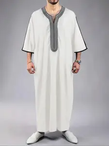 New Arab Robe Medium Short Sleeve Men Muslim Long Gown Thobe, Traditional Islamic Clothing, Comfortable and Stylish, Perfect for Daily Wear