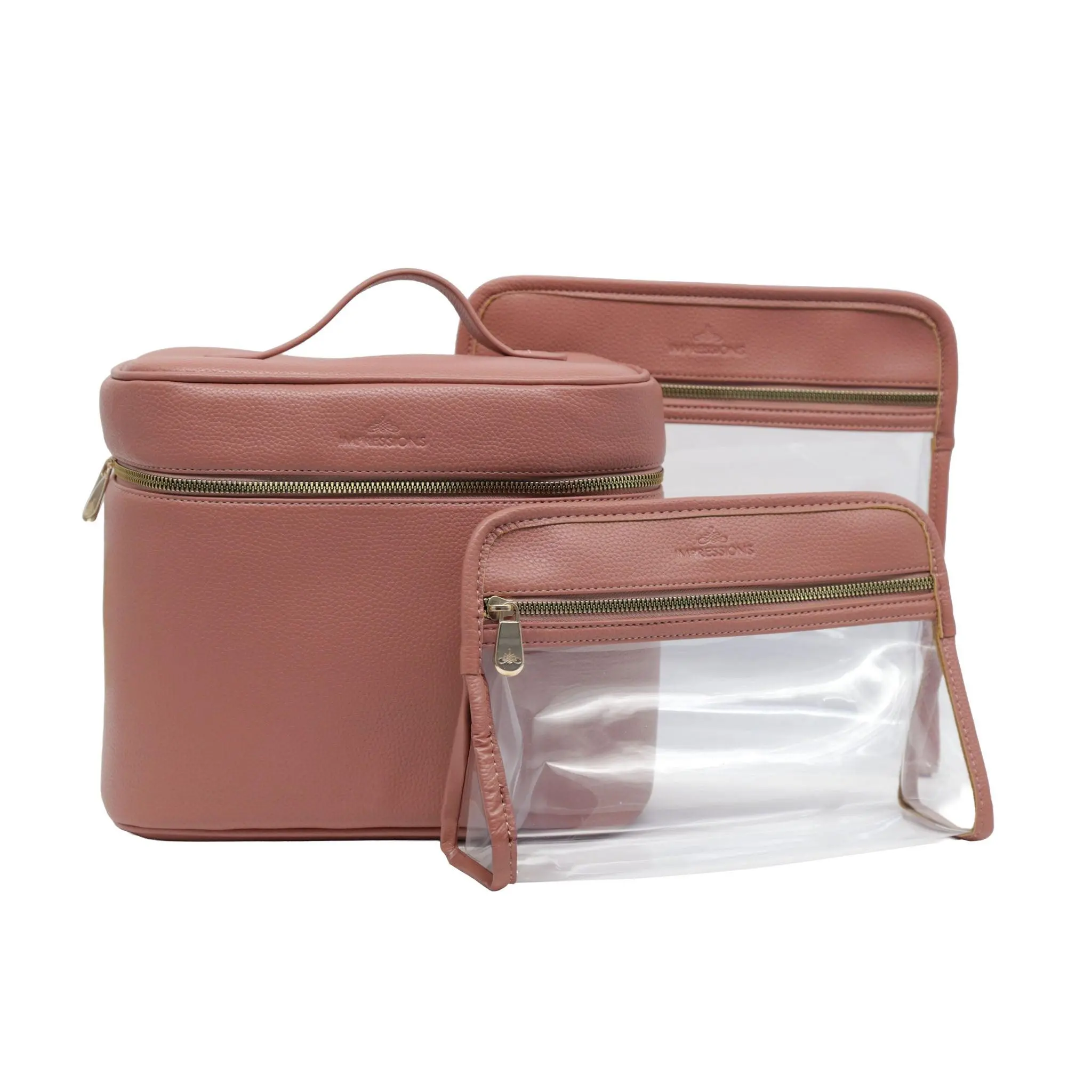 3-Piece Makeup Bag Set, Pebbled Faux Leather Travel Cosmetic Bags with a Structured Train Case and Transparent Cosmetic Pouch, Luxurious Faux Pebbled Leather, Medium Transparent Bag