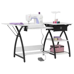 Comet Plus Sewing Machine Table with Cutting Measuring Grid Top, Height Adjustable Platform and Bottom Shelf and Fabric Drawer Black/White 13336