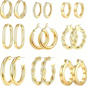 9 Pairs 14K Gold Plated Chunky Hoop Earrings - 925 Sterling Silver Post Hypoallergenic Jewelry Gift for Women