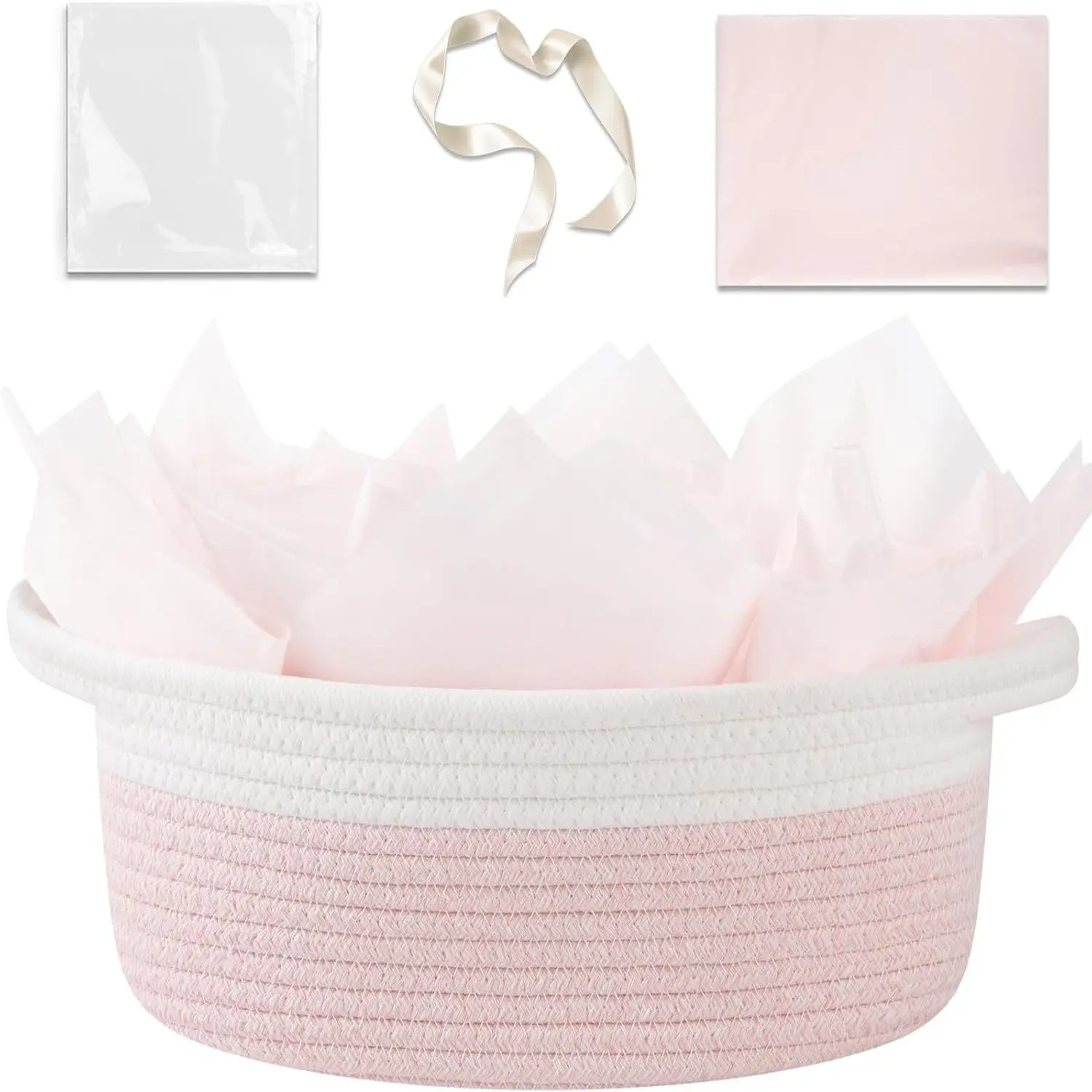 Cotton Rope Woven Storage Basket with Handles, Organization Baskets, Includes Gift Bag and Ribbon, Durable Empty Basket for Pet Supplies, Beauty Products, Holiday Gifts, Toiletries Basket