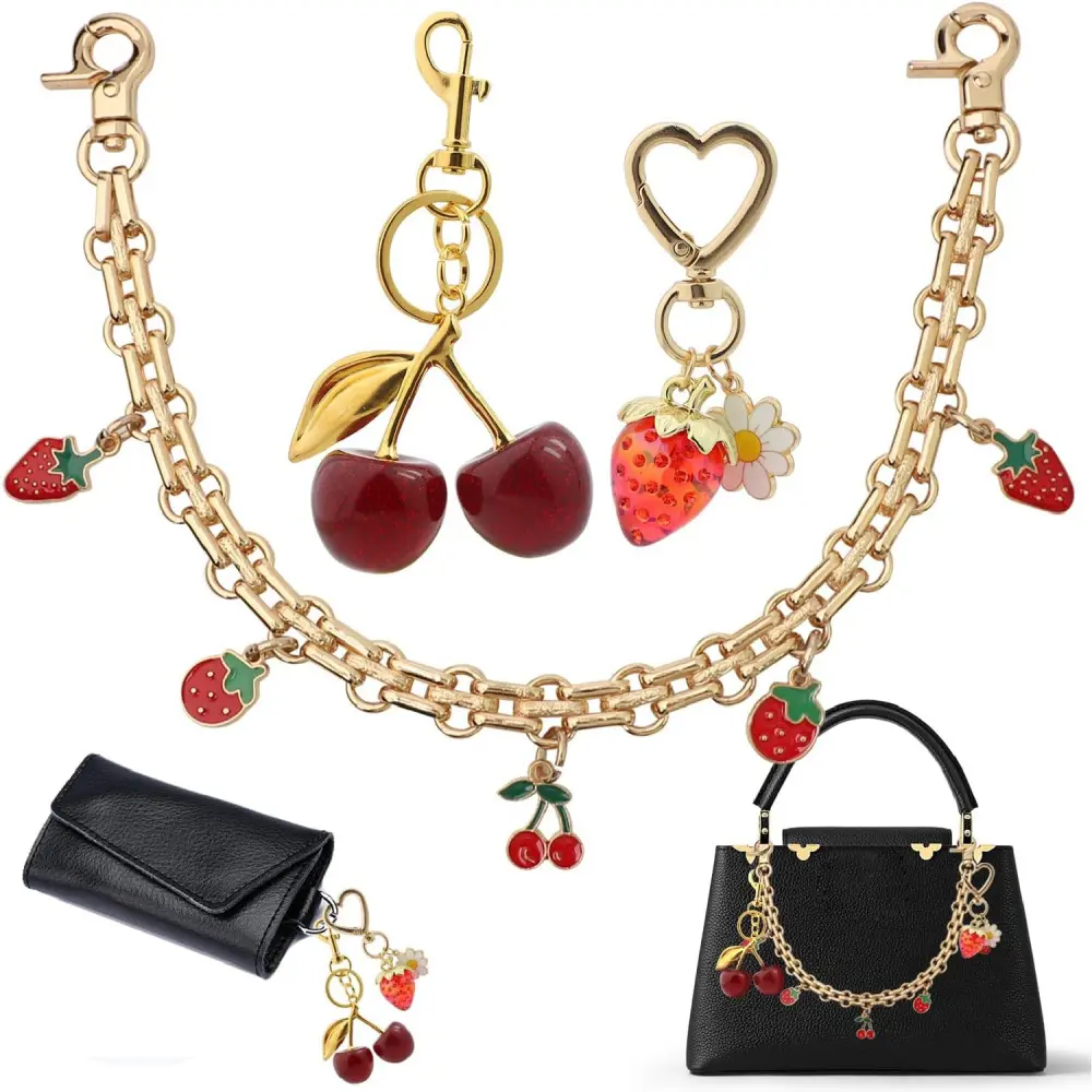 Women's 3-Pcs Cherry Shaped Pearl Keychains - Charm Detail, Decorative Chain, Dangle, Bag Charm Keychains, Crossbody Purse Handle Extension, Handbag Decor, Valentine's Day Gift Favors, Charm Detail Keychains