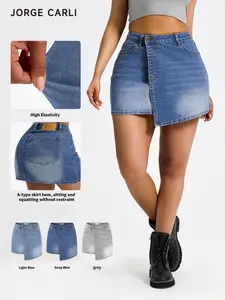 JORGE CARLI Women's A-Line Denim Mini Skirt, Conceals Belly Fat, Asymmetrical Hem, Trendy Half Skirt, Fashionable Ladies' Clothing, Womenswear