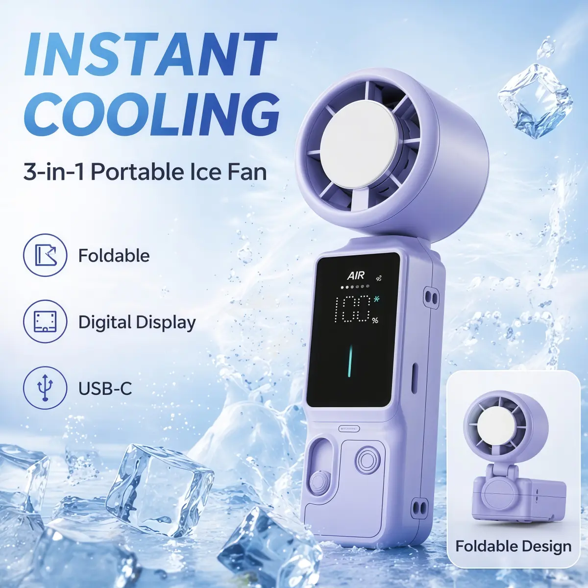 16000 RPM Personal Mini Cooler, 100 Variable Speed Touch LED Display, Universal Type-C Power Supply, Detachable Neck Strap & Foldable Stand, Handheld Cooling Fan For Travel Office Outdoor Camping Beach Daily Use