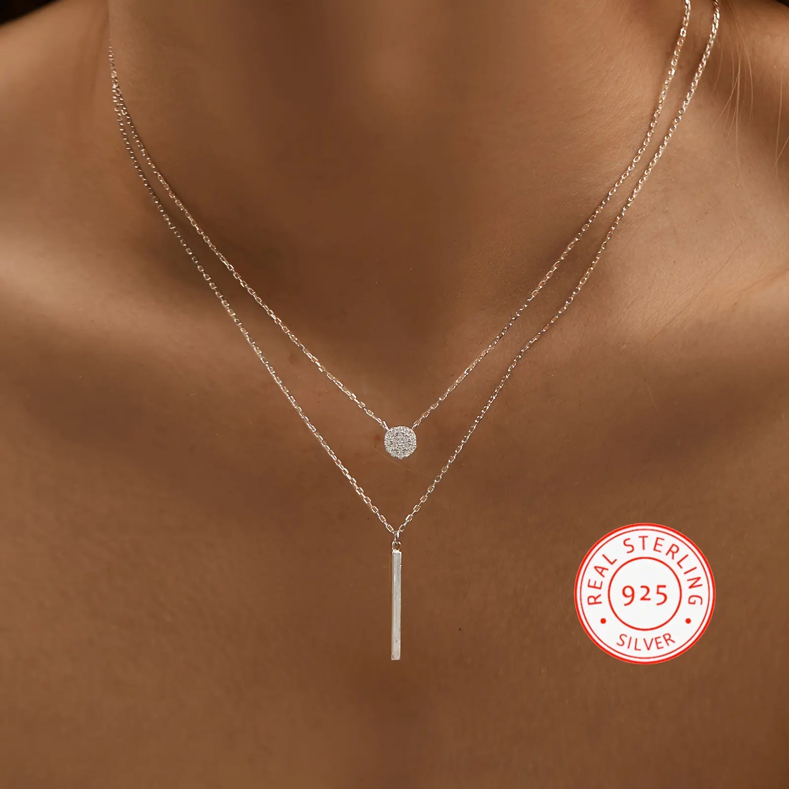 Elegant 925 Sterling Silver Necklace for Women, Double-Layered Y-Shape Chain with Round Cubic Zirconia for Everyday & Party Wear, Silver Necklaces, Chain Necklace