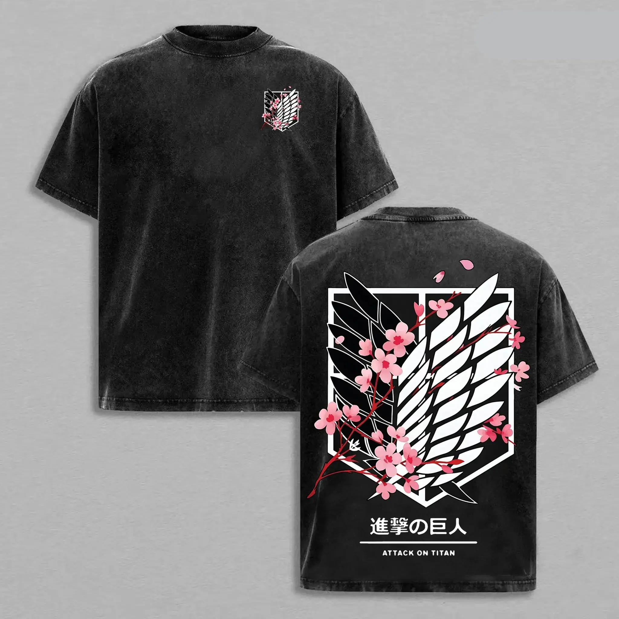 Attack On Titan AOT Wings Of Freedom Cherry Blossom Oversized Graphic Tee Vintage Acid Wash Unisex Anime Shirt Eren Y2K Streetwear Gym Pump Cover Front And Back Print Tiktok Finds Trendy Dark Aesthetic Casual Heavy Cotton