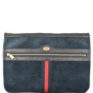 Pre-owned GUCCI Leather Clutches & Wristlets Ophidia GG Suede Pouch Clutch Bag Navy Blue 517551