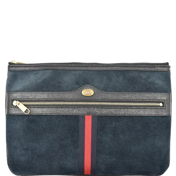 Pre-owned GUCCI Leather Clutches & Wristlets Ophidia GG Suede Pouch Clutch Bag Navy Blue 517551