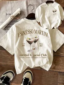 Women's Espresso Martini Cocktail Print Round Neck Tee, Casual Short Sleeve T-shirt for Daily Wear, Ladies Sleepwear for Fall, Top