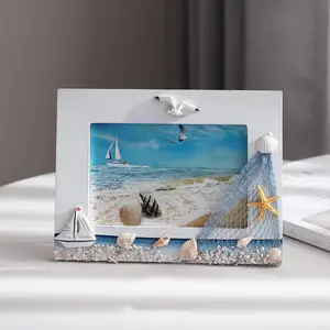 6-Inch Ocean-Themed Photo Frame, Wooden Display Frame for Bedrooms, Mediterranean-Style Home Décor, Playful and Whimsical Design
