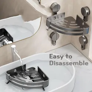 （Attention Usage Scenarios & Installation Steps）New Corner Shower Shelf, 3-Second Install Bathroom Triangle Organizer, Aluminum Wall-Mounted Storage with Drainage, Built-in Hooks, Upgraded Vacuum Suction Cups, No-Drill