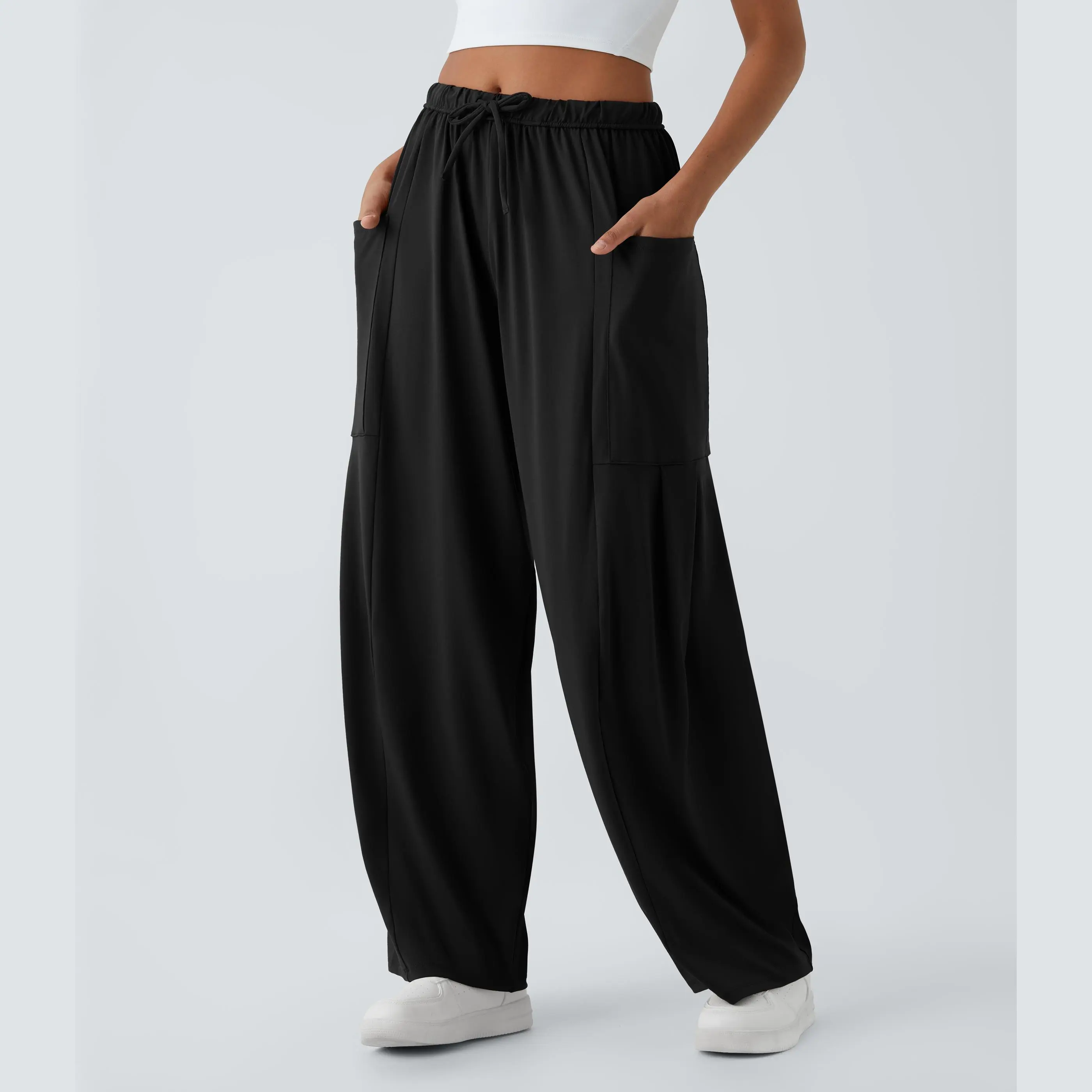 Halara Mid Rise Elastic Waistband Drawstring Side Pocket Palazzo Flowy Wide Leg Casual Pants