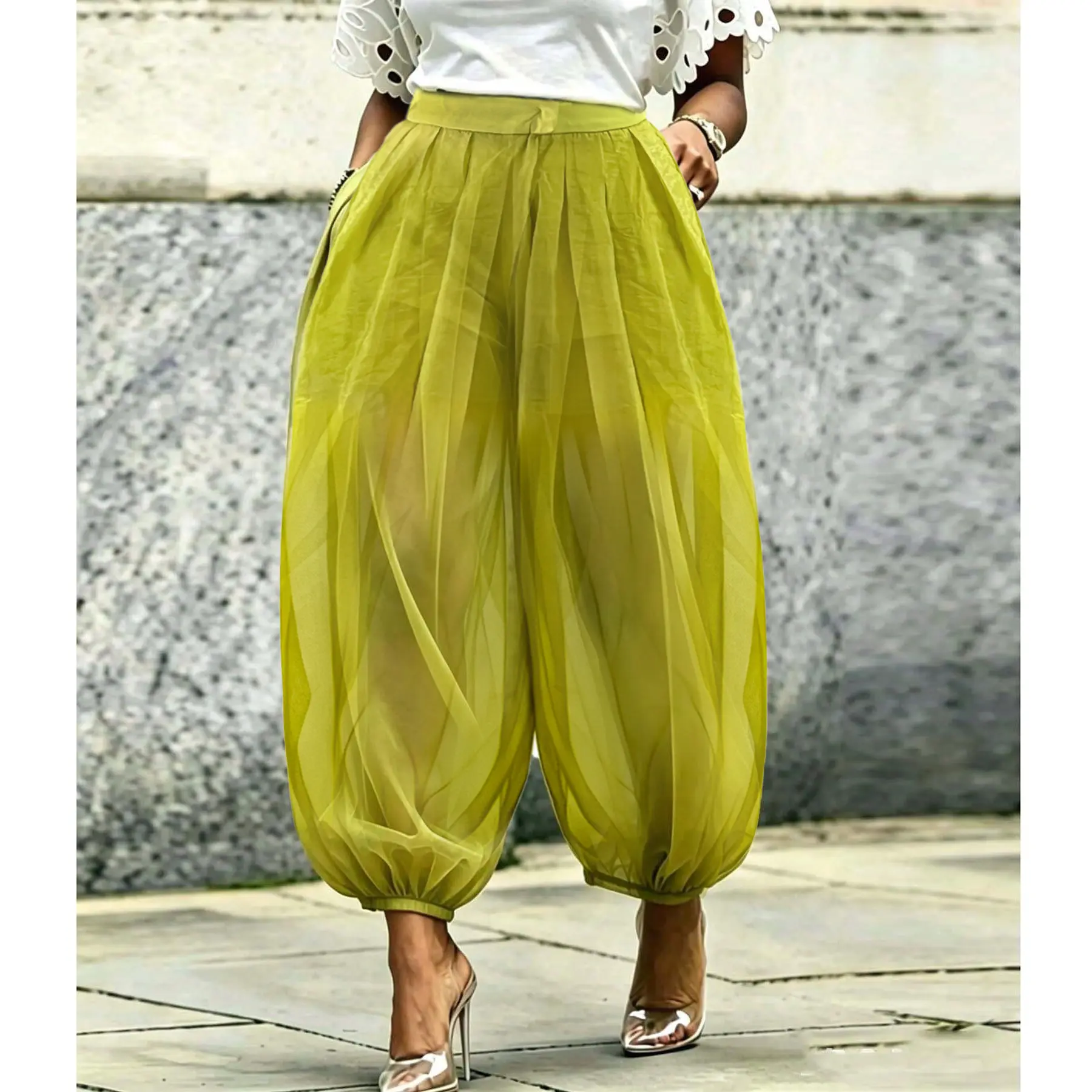 Women's Chic Basic Baggy Sheer Avocado Green Mesh High-Waist pants Balloon Harem Joggers with Liner Shorts, Minimalist Casual Bottoms