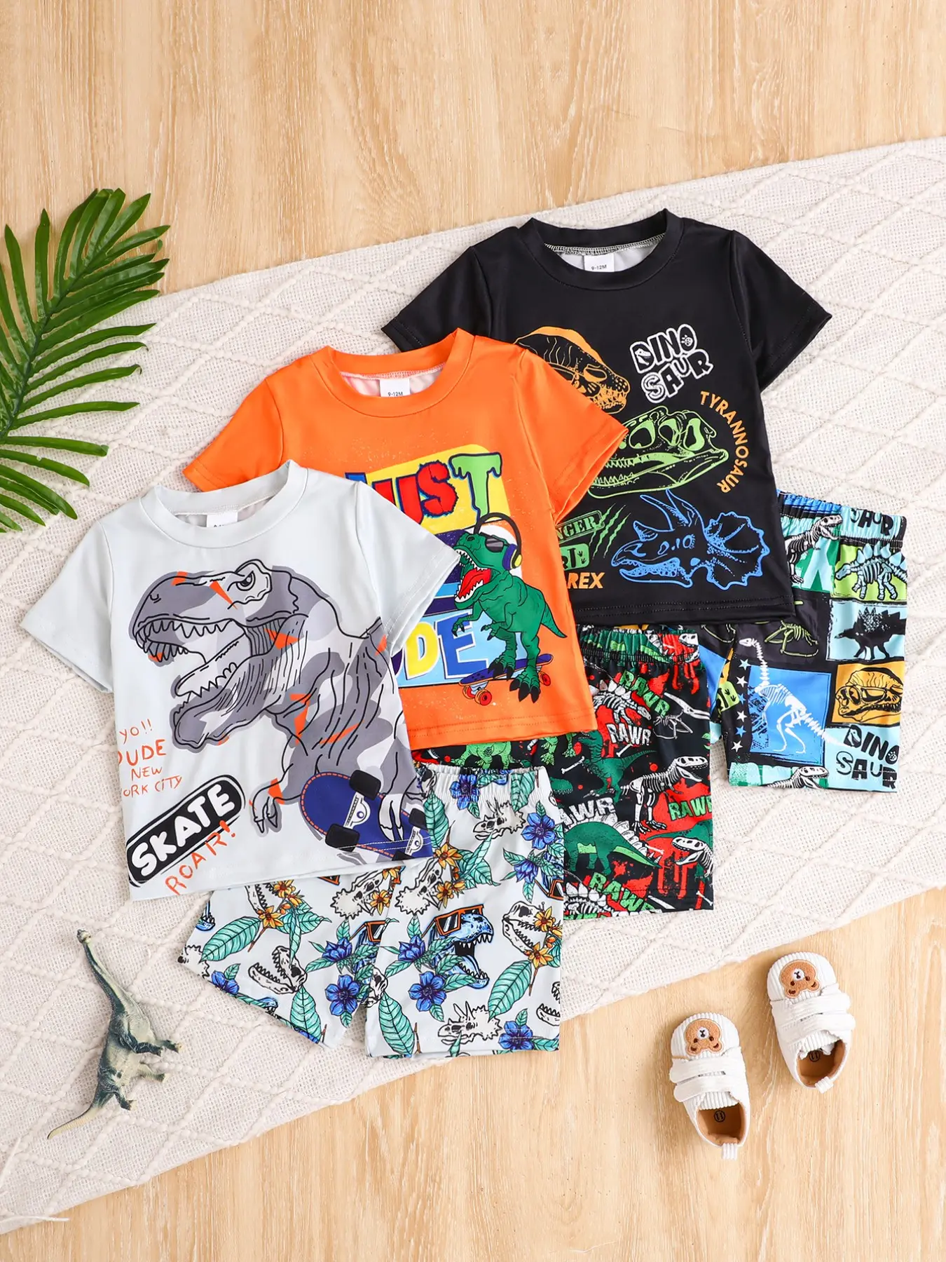 Boys' Summer Casual Matching Set, 6-Piece Short Sleeve Top & Shorts, Breathable Lightweight Fabric, Dinosaur Print, //olive, Summer Clothing Set, Outfits Set