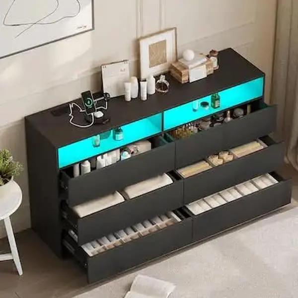 Vipbear - 6-Drawer Double Dresser with Power Outlet & LED Lights, Wide Storage Chest with Open Shelving - Black