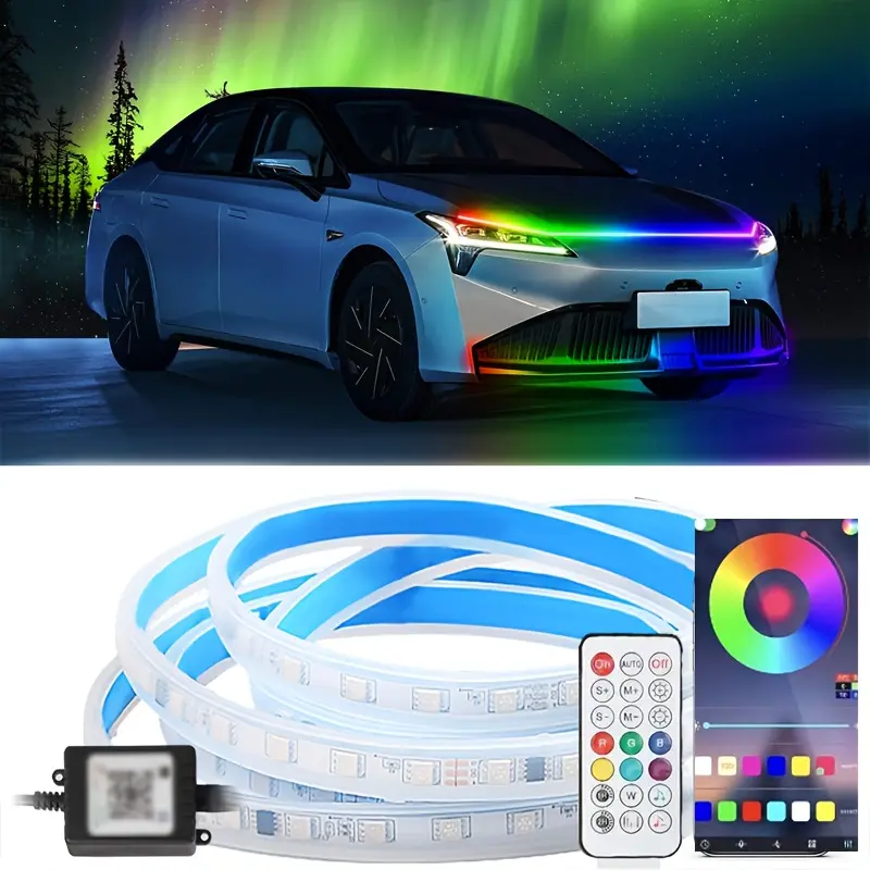 Car Front Cover Light/ Car Decorative Light/ Car Neon Light Engine Hood Light Strip Automotive Light-Emitting Diode Strip/ Engine Hood Light Additions APP with Remote Control Operation LED Colorful Front Cover Light