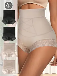 QUASTI 4-Piece High-Waisted Elegant Lace Tummy Control Women's Panties - Butt Lifting, Breathable, Soft, High Elasticity, Comfortable Womenswear, Sizes S-XXL