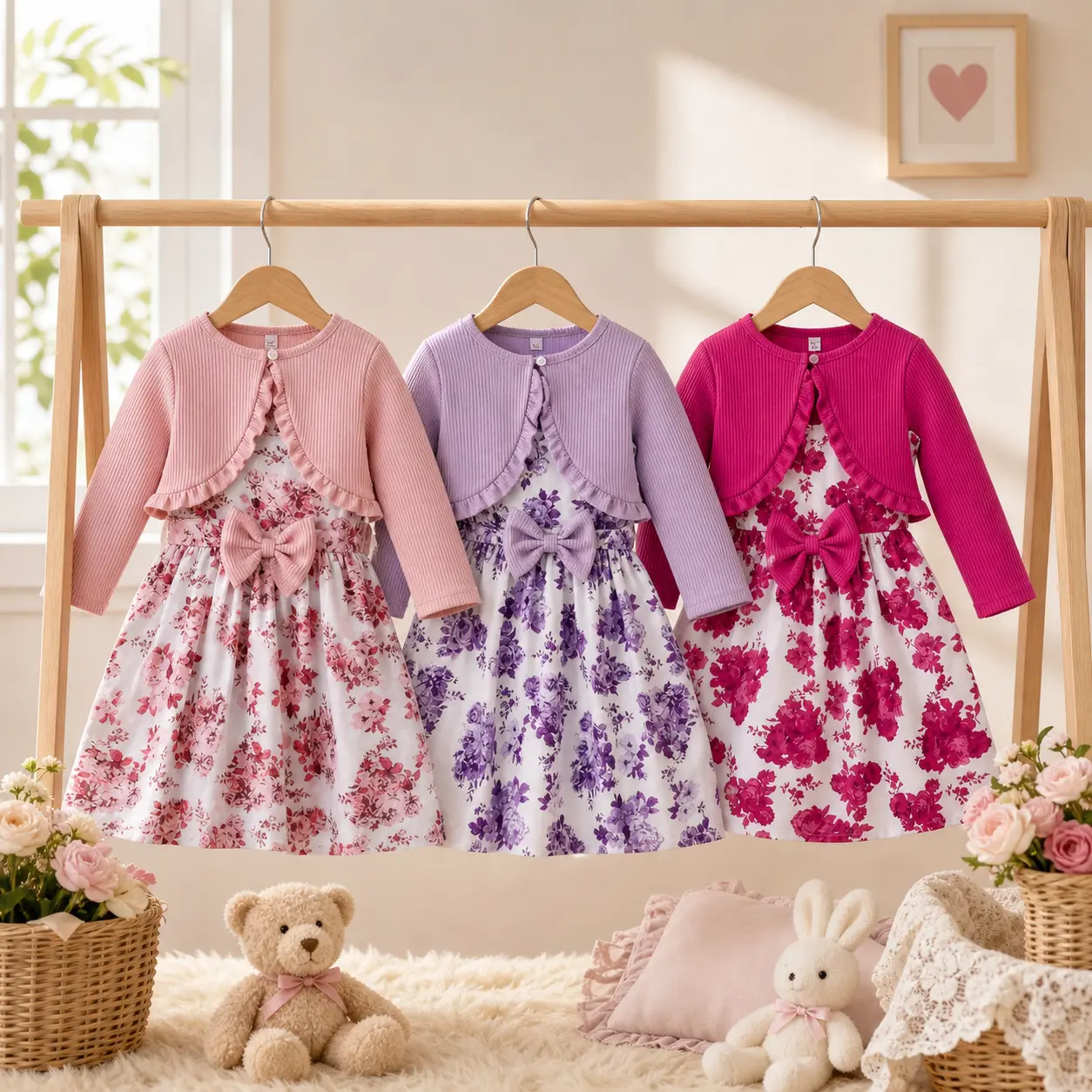Girl's Fall 2-Piece Casual Frill Trim Outfit - Polyester Blend A-Line Floral Ruffled Bowknot Midi Dress Set, Long Sleeve Cardigan & Sleeveless Tank for Playful Look