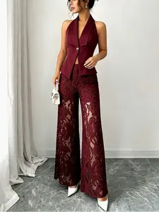 Women's Elegant Business Style Two-Piece Set, Lace Asymmetrical Vest + Wide Leg Pants, Casual Summer M2650#, Solid Color