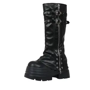 Women's Chunky Combat Boots with Metal Buckle Comfortable Motorcycle Boots Black PU Boots Plain Style for Stylish Practical Design Footwear