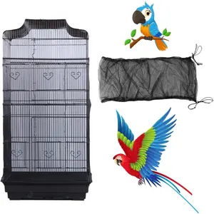 Bird Cage Seed Catcher, Large Airy Gauze Bird Cage Cover Guard, Adjustable Birdcage Nylon Mesh Net Cover (XL-118x32 in, Black)