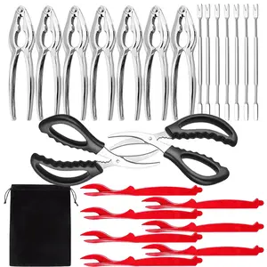 Crab Crackers and Tools, 24 Pieces Seafood Tools Set Includes 7 Crab Crackers, 7 Lobster Shellers, 7 Crab Leg Forks/Picks and 2 Seafood Scissors & 1 Storage Bag - Nut Cracker Set