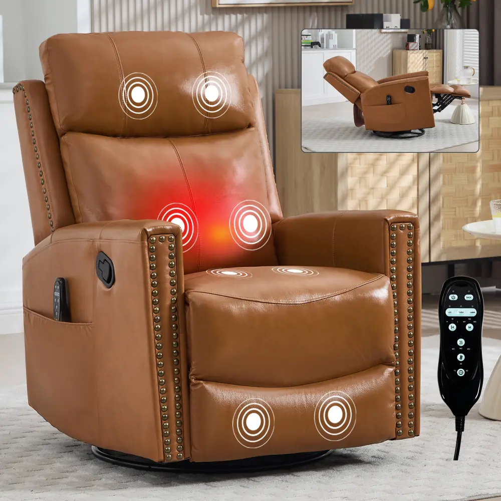 Genuine Orange Leather Luxury Swivel Recliner Chair - Adjustable Back, 155-Degree Reclining, Vibrating Heat Massage, Rocker, 15/30/60-Minute Timer for Luxury Living Room Furniture