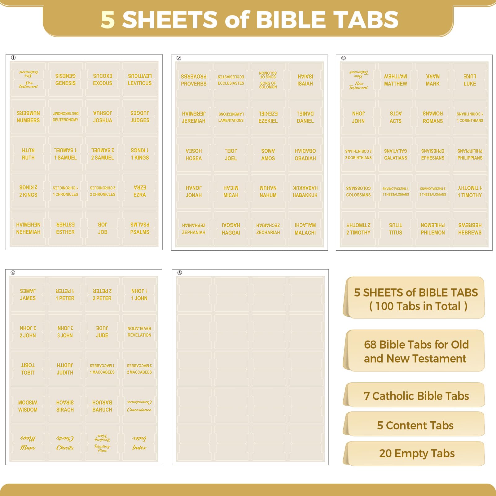 SKYDUE 100 Laminated Gold Foil Bible Tabs, Large Print Bold Text Durable Repositionable Easy-to-Apply Index Dividers for New & Old Testament, Elegant Family Gift for All Ages (Office Stationery)