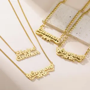 Women's Custom Name Plate Necklace - Stainless Steel Golden Cuban Chain Choker, Heart Ribbon Pendant, Daily Fashion Costume Jewelry Accessory