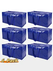 6-Pack Extra Heavy Duty Large Moving Bags with Strong Zipper & Comfortable Handles, Sturdy & Durable Clothes Storage Bags Totes Bins, Packing Moving Boxes for College Supplies, Blue, Space Saving Bags