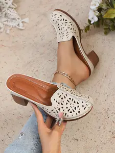 Vintage Hollow Out Heeled Pu Leather Mules for Women, Summer Breathable Slip-On Sandals, Comfortable Mid-Heel, Retro Style, Perfect for Various Occasions