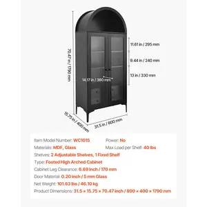 VEVOR Arched Display Cabinet with Glass Doors, 70 in Tall Curio Cabinet, 4-Tier Display Case with 2 Adjustable Shelves, Bookcase Bookshelf for Collectibles Storage Bedroom Living Room Office