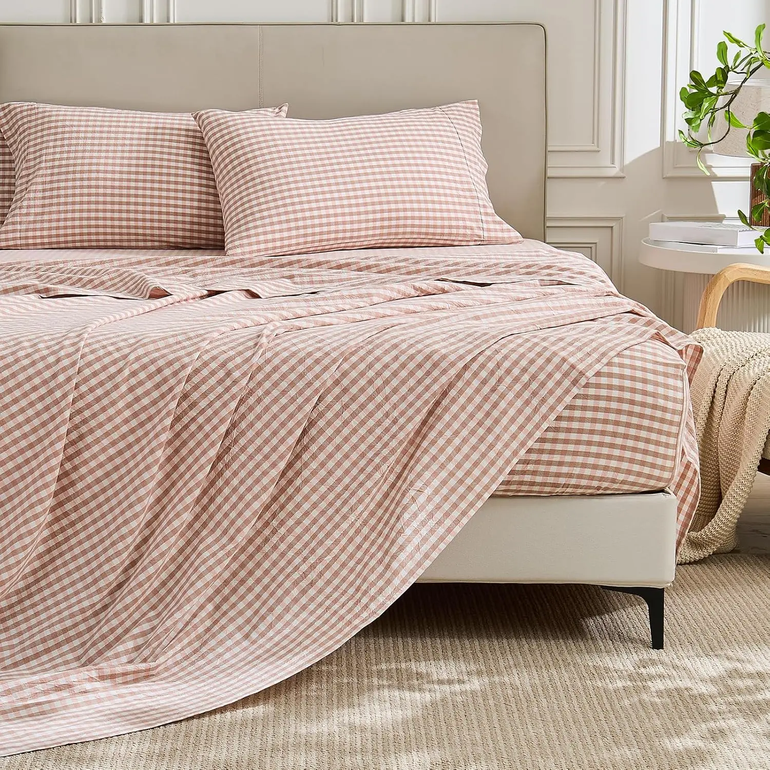 Gingham Sheet Set: 100% Washed Cotton, Linen-Like Texture, Breathable and Soft, 3/4-Piece Set, Plaid Checkered Bed Sheets, 15" Deep Pocket,Twin/Twin XL/Full/Queen/King/California King