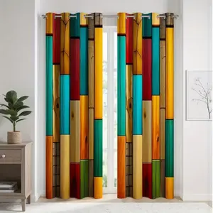 2-piece set of artistic colored wood grain curtains, Window Curtain, featuring faux wood texture splicing and semi-light-blocking polyester fabric, suitable for privacy protection in bedrooms, living rooms, kitchens, or party spaces