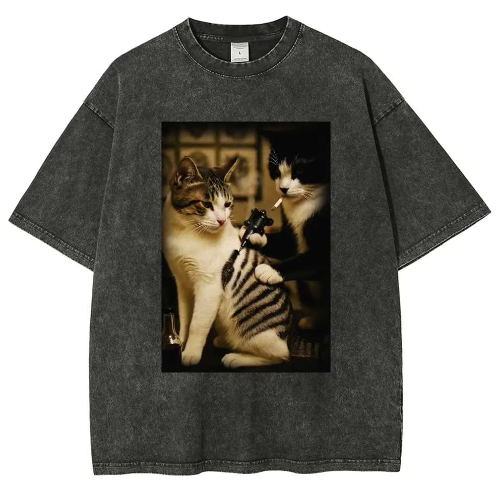 Funny Tattoo Artist Cat Vintage Washed Tee 90s Men's Graphic Tee t Shirts Funny Graphic Tee Good Graphic Tees Graphic Tees Streetwear Outfits Men Vacation Outfits Oversized Tshirt Men