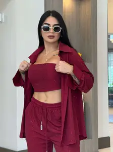 SET EOL Maroon Crop Top & Jogger Set for Stylish Comfort Suits Short Length Women's Fashionable Outfits with Modern Versatile Look