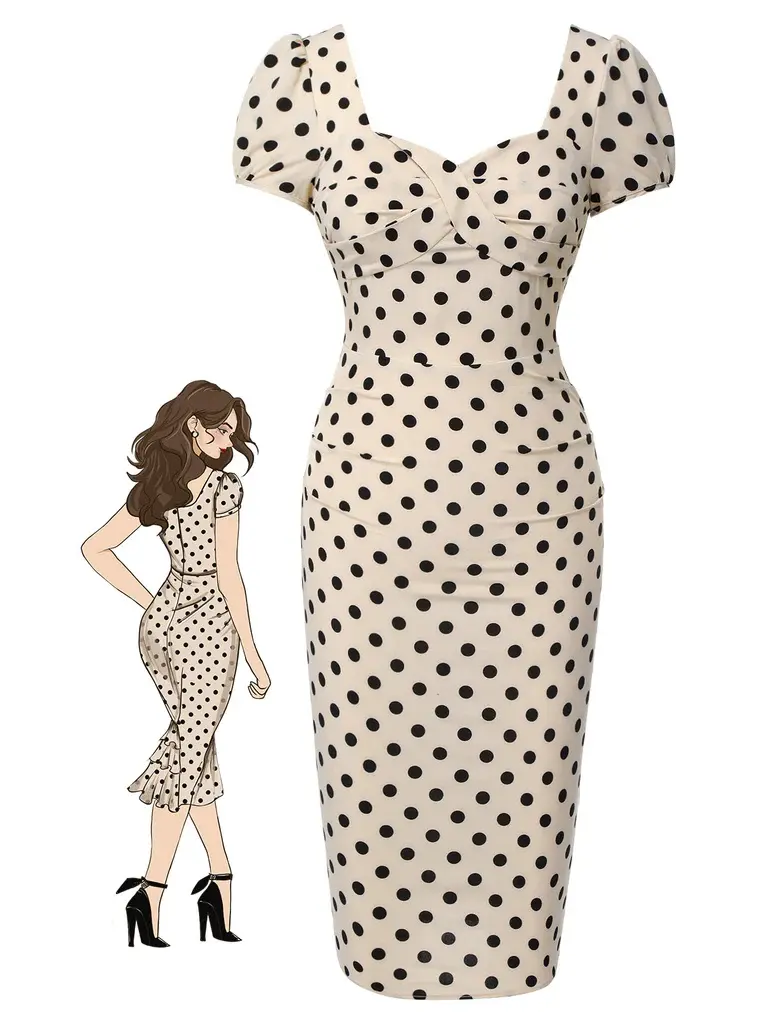 RETRO STAGE Women's 1960s-Inspired Beige Polka Dot Short-Sleeve Square Neck Puff Dress - Polyester, Elegant Italian Vibe, Comfortable Casual Wear, Back Zipper, Dot Casual Dresses, Polka Dot BackToSchool Sohochic Fall Dresses Fall outfits Fall fashion