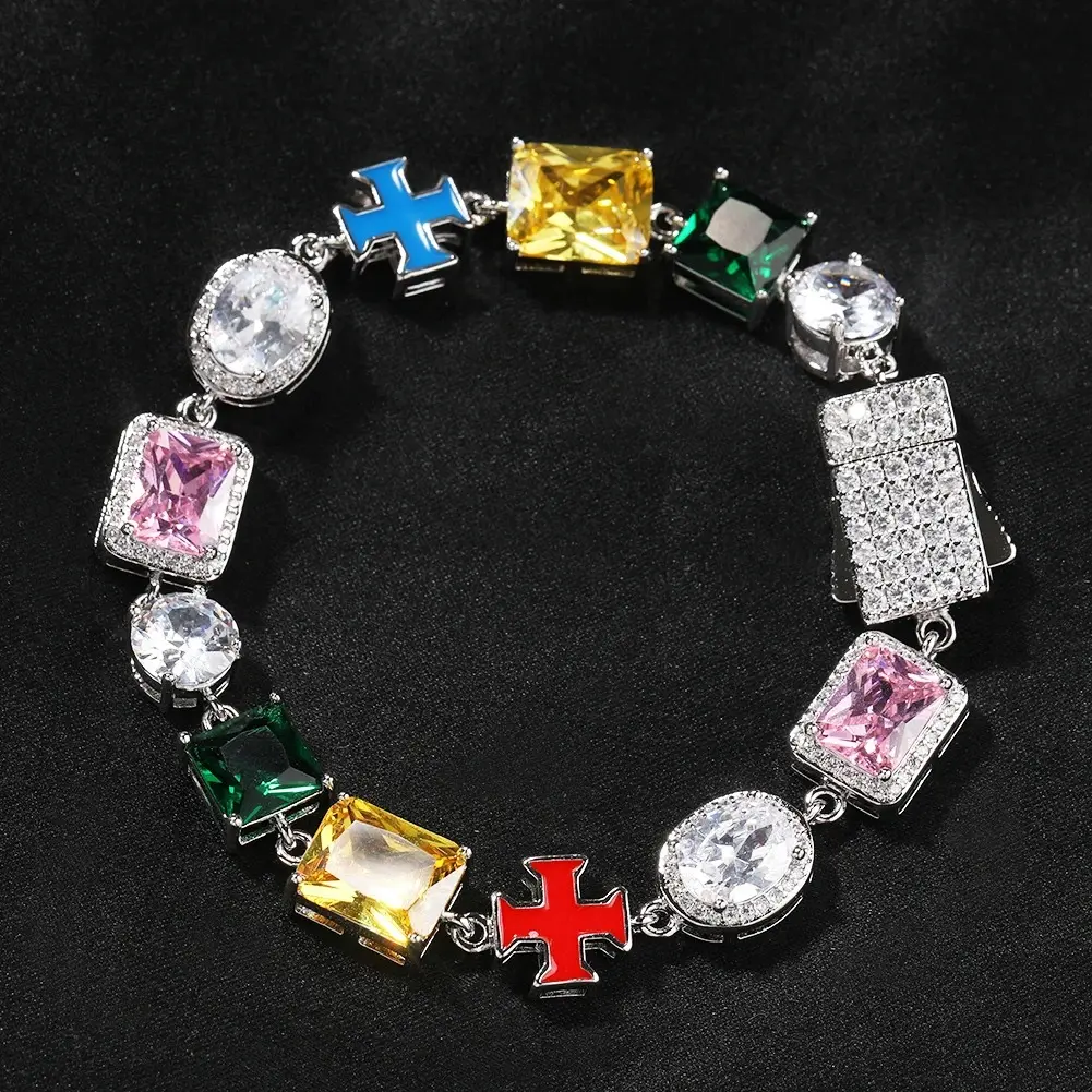 Multicolor Cubic Zirconia Chain Necklace & Bracelet Set, Shiny Oil‑Drip Style Hip‑Hop Fashion Jewelry, Daily Party Matching Accessory for Men Women