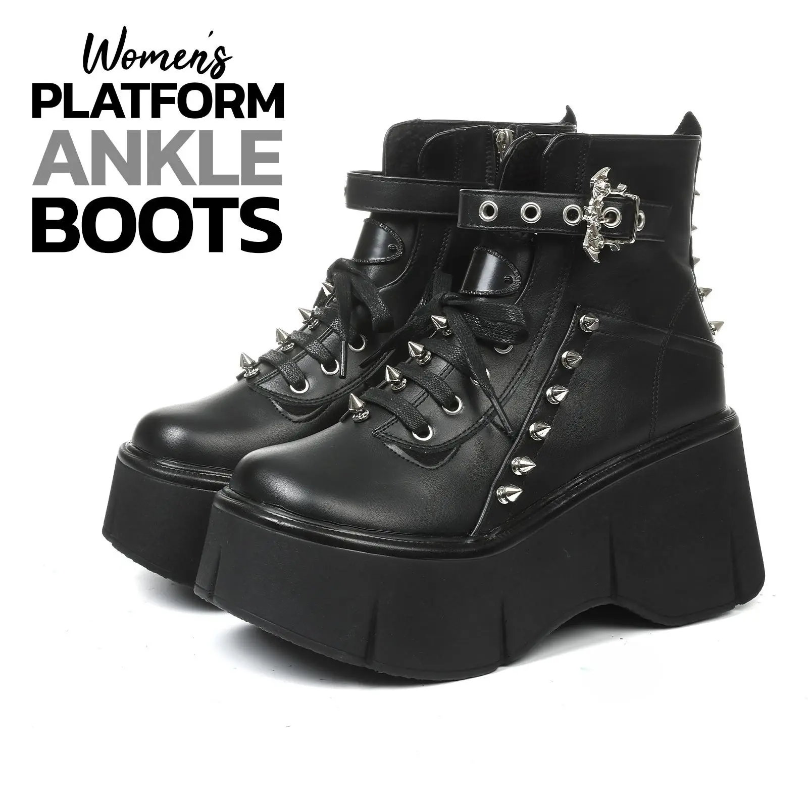 Platform Ankle Boots for Women Goth Boot Round Toe Wedge Chunky High Heels Side Zipper Buckle Rivet Lace Up Rave Punk Jennifers Body Ankle Boots Motercycle Trendy Gothic Booties