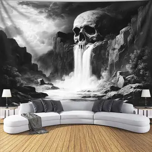 Skull Tapestry Waterfall Skull Backdrop Gothic Theme Wall Hanging Photography Background Dark Art Decor for Living Room Bedroom Indoor Outdoor Home Decoration