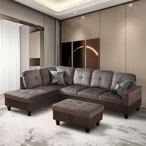 Modern Flannel Modular Sofa Set, Plush L-Shaped Corner Sectional with Deep Seat & Faux Leather Accents, No Assembly Cloud Couch for Living Room, Easy Clean Premium Fabric Sofa