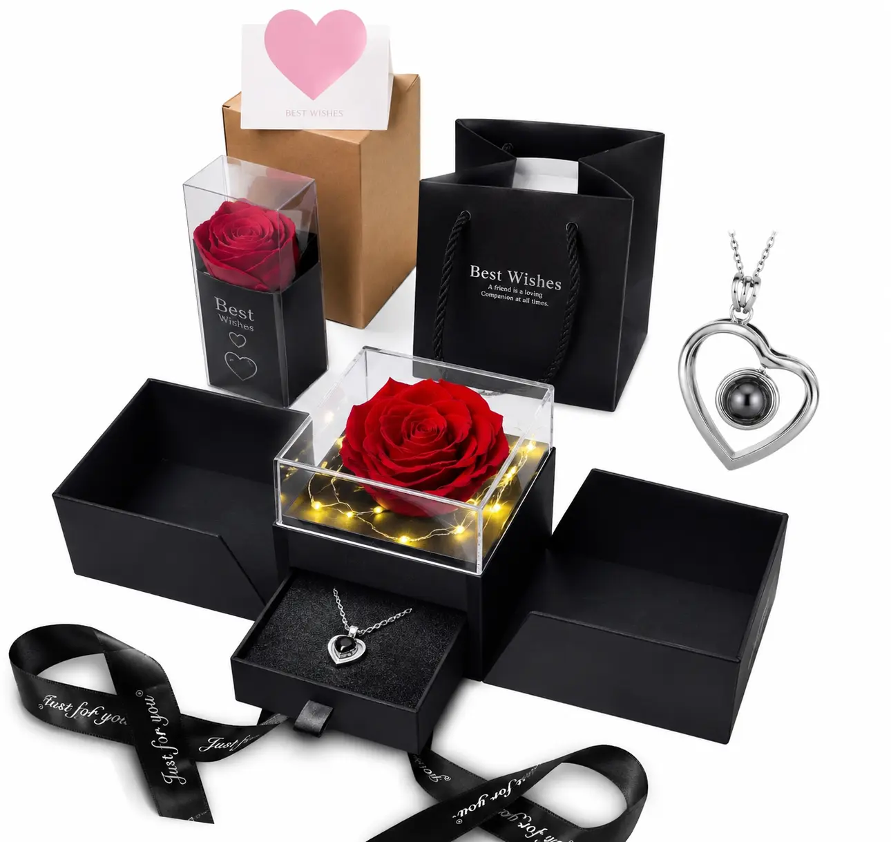 Romantic Rose Gift Box with Projection Necklace for Women whit light